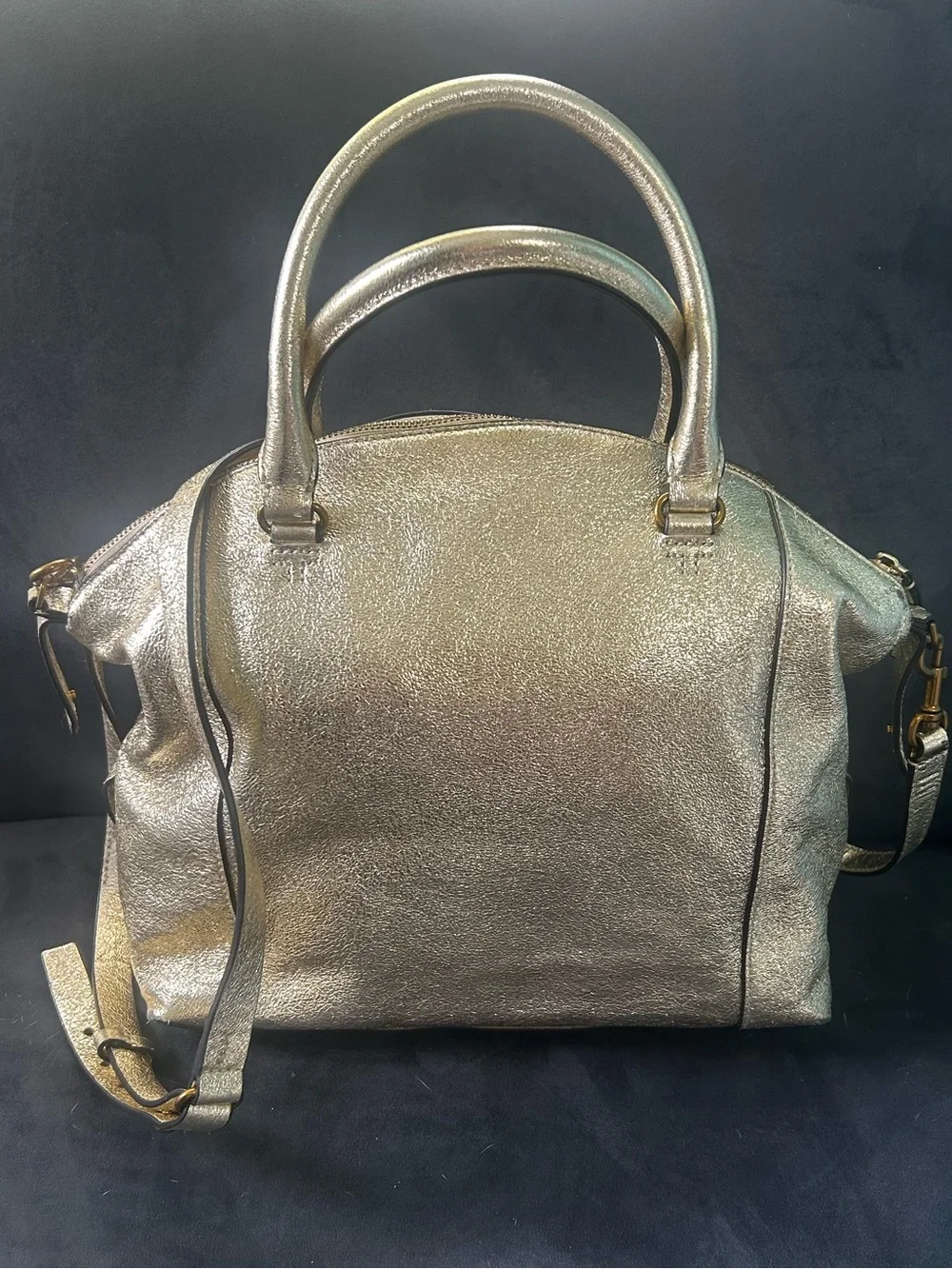 Tory Burch Metallic Gold Leather Satchel Top handle Crossbody Bag Tassel Charm